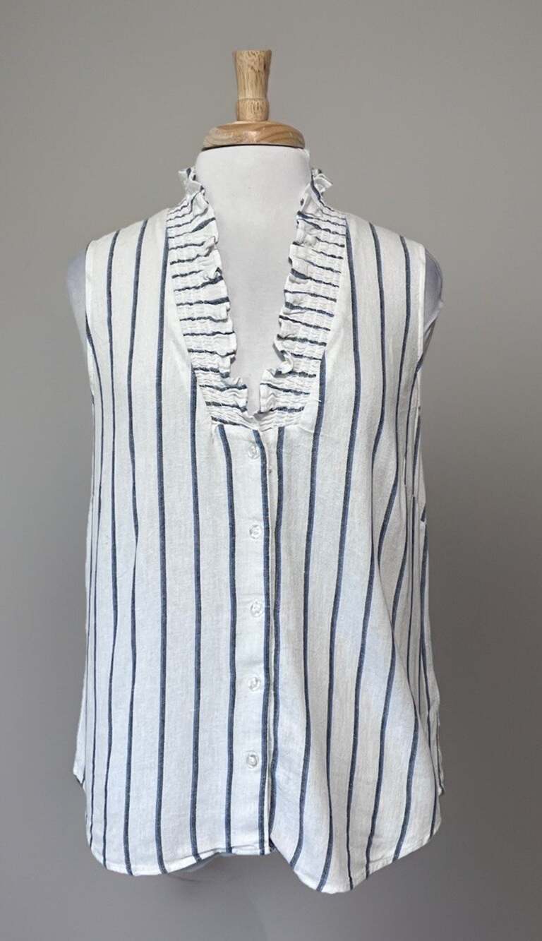 Ellen Tracy Womens M Stripe Ruffle V-Neck Sleeveless Top Boho Linen Blend